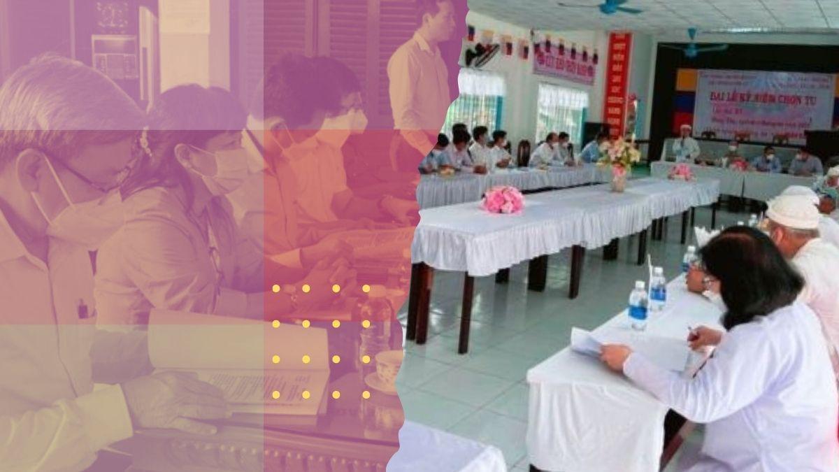 Ban Tôn giáo Chính phủ làm việc với các tổ chức Cao Đài tại tỉnh Long An (trái) và tỉnh Kiên Giang. Nguồn: Ban Tôn giáo Chính phủ. Minh họa: Luật Khoa.