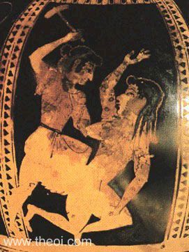 Hình ảnh trên một chiếc bình cổ: Nữ thần Dike (trái) đang đánh thần Adikia - hiện thân của sự bất công. Ảnh: theoi.com.