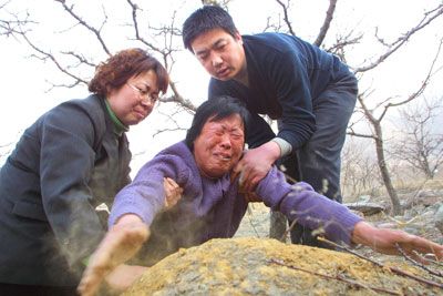 Mẹ của Nie Shubin gục khóc trên mộ con. Nie Shubin bị tử hình năm 21 tuổi vì tội "hiếp dâm, giết người". 10 năm sau (2005), thủ phạm thật sự của vụ án bị bắt và đã thú tội.