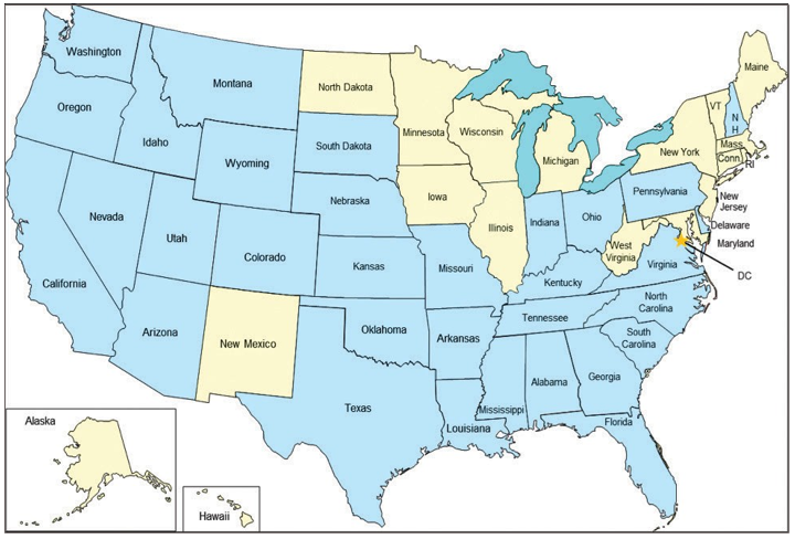 Còn 32 bang (màu xanh) ở Mỹ còn duy trì án tử hình. Nguồn: The Constitution Project