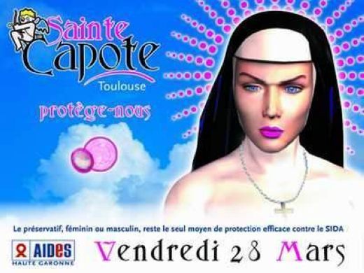 Tờ rơi quảng cáo "Bao cao su Thần Thánh phù hộ chúng ta" (‘Sainte Capote protège-nous’). Ảnh: citegay.com