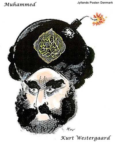 Một hình vẽ trên tờ Bưu điện Jutland tả một người râu dài đội khăn xếp nhưng khăn xếp của nhân vật được vẽ giống hình trái bom với dây kíp nổ đang cháy và hoa văn trang trí theo phong cách Hồi giáo.