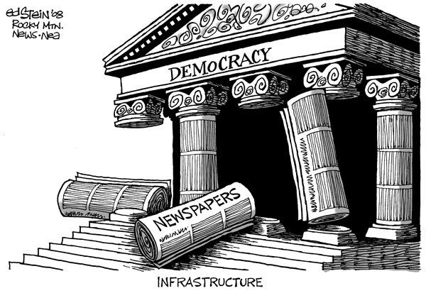Báo chí được coi là một trong những trụ cột của nền dân chủ Mỹ. Hình: globalresearch.ca