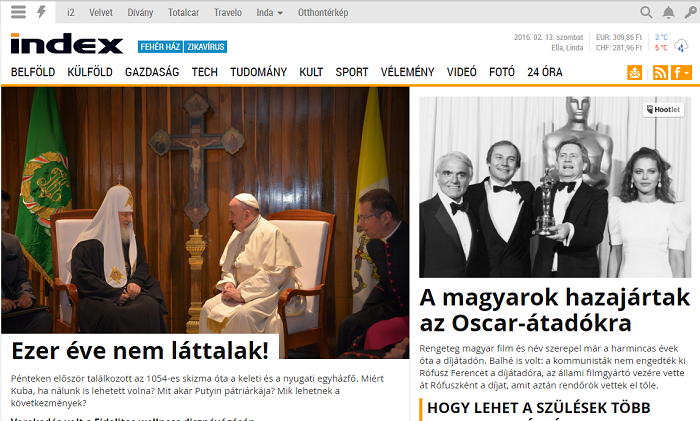 Index.hu là một trong những tờ báo mạng lớn nhất Hungary. Ảnh: chụp màn hình. 