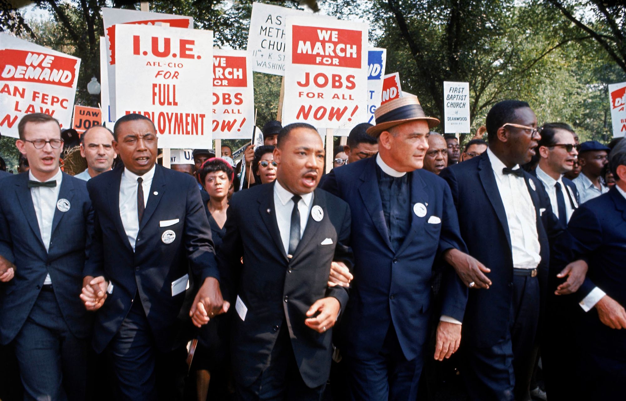 Leaders of March on Washington for Jobs & Freedom marching w. signs (R-L) Rabbi Joachim Prinz, unident., Eugene Carson Blake, Martin Luther King, Floyd McKissick, Matthew Ahmann & John Lewis. (Photo by Robert W. Kelley/The LIFE Picture Collection/Getty Images)