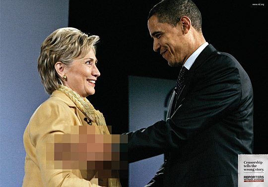 Bạn nghĩ ông Obama đang làm gì bà Clinton? Ảnh: Reporters Without Border 