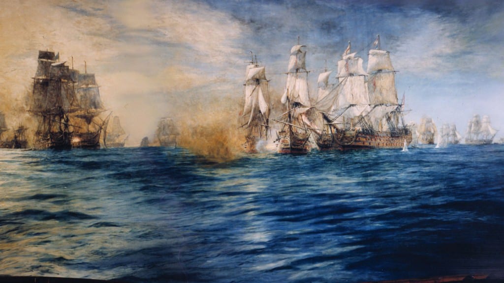Trận hải chiến Trafalgar năm 1805 khi hải quân Anh đánh bại hải quân hai nước Pháp và Tây Ban Nha và chính thức xác lập sự làm chủ tuyệt đối bằng sức mạnh quân sự trên biển của vương quốc Anh (Tranh của họa sĩ William Lionel Wyllie - Nguồn ảnh: artfund.org) 