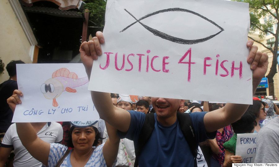 Demonstrators, holding signs, say they are demanding cleaner waters in the central regions after mass fish deaths in recent weeks, in Hanoi, Vietnam May 1, 2016. REUTERS/Kham