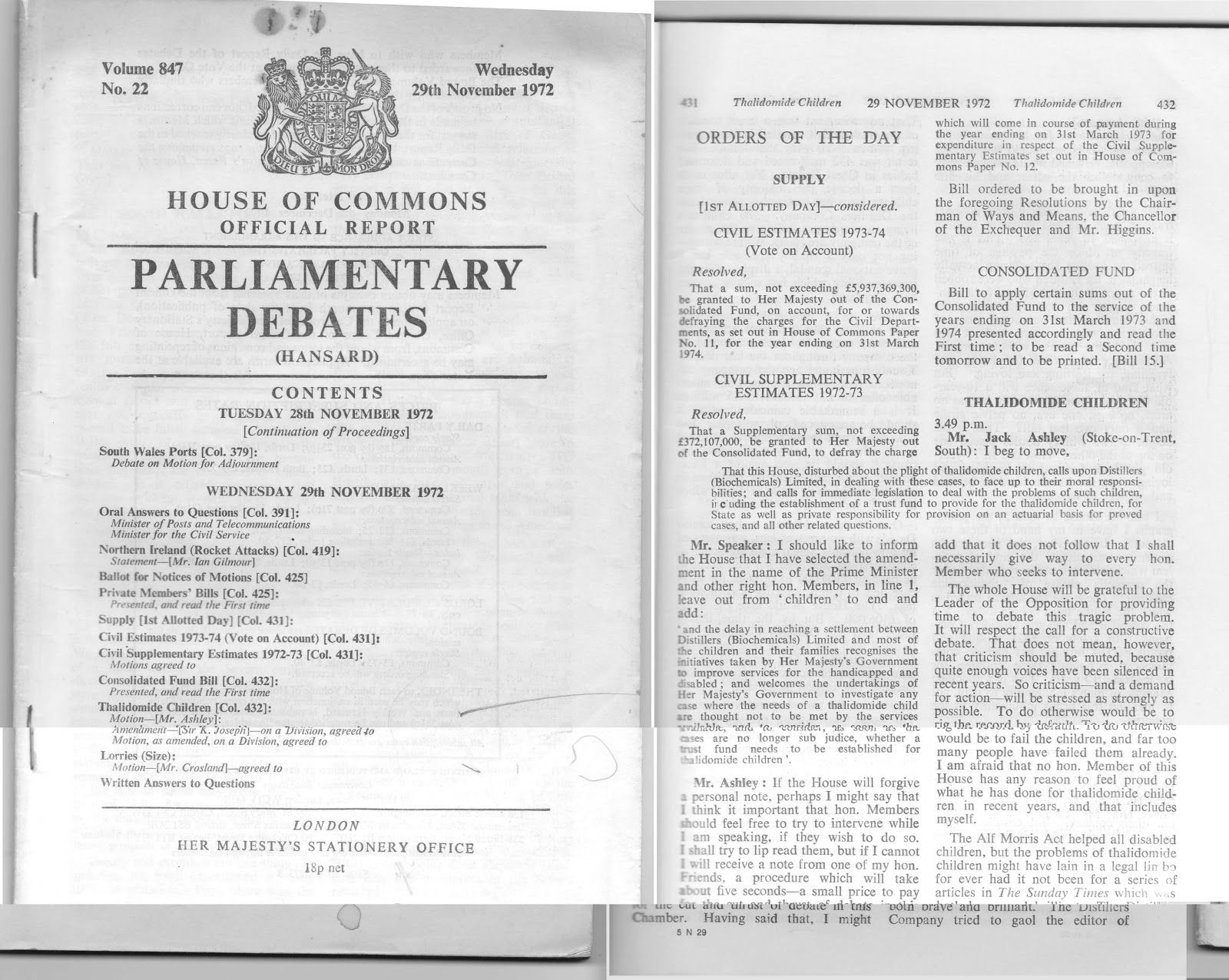 Vài trang Hansard thứ Tư ngày 29 tháng 11 năm 1972 (Nguồn hình: thalidomide50.blogspot.co.uk)