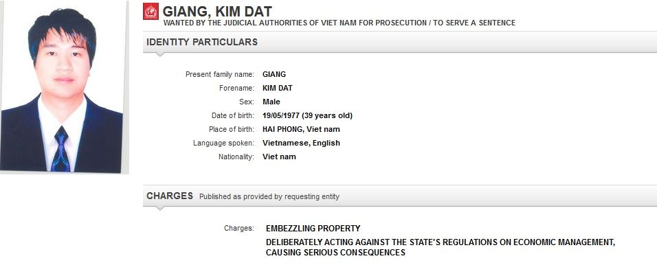 Phần đăng tin truy nã Giang Kim Đạt trên trang Interpol - Cập nhật lúc 11h30 tối giờ VN