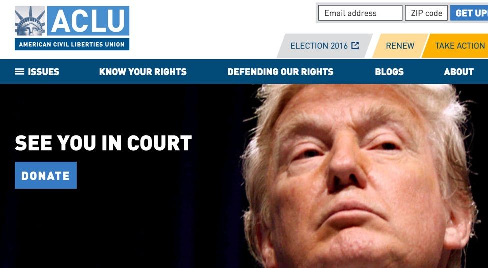 Có vẻ Tổng thống Trump sẽ không có một nhiệm kỳ dễ dàng với ACLU. Ảnh: Chụp màn hình website ACLU. 
