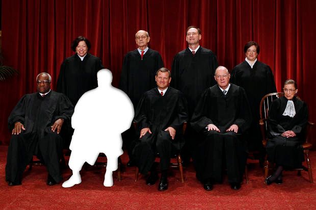 The justices of the U.S. Supreme Court gather for a group portrait in the East Conference Room at the Supreme Court Building in Washington, October 8, 2010. Seated from left to right in front row are: Associate Justice Clarence Thomas, Associate Justice Antonin Scalia, Chief Justice John G. Roberts, Associate Justice Anthony M. Kennedy, Associate Justice Ruth Bader Ginsburg. Standing from left to right in back row are: Associate Justice Sonia Sotomayor, Associate Justice Stephen Breyer, Associate Justice Samuel Alito Jr., and Associate Justice Elena Kagan. REUTERS/Larry Downing (UNITED STATES - Tags: POLITICS CRIME LAW) - RTXT6Z5