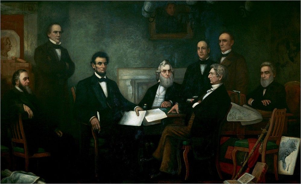Tranh vẽ Lincoln và nội các của ông khi Tuyên bố giải phóng người da đen năm 1863 (The Emancipation Proclamation) được ban hành đối với các bang mới thành lập miền Viễn Tây HK. Ảnh: history.com