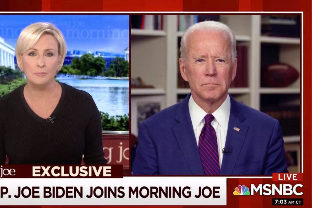 Ông Joe Biden trả lời phỏng vấn đài MSNBC về cáo buộc tấn công tình dục, ngày 1/5/2020. Ảnh: MSNBC.