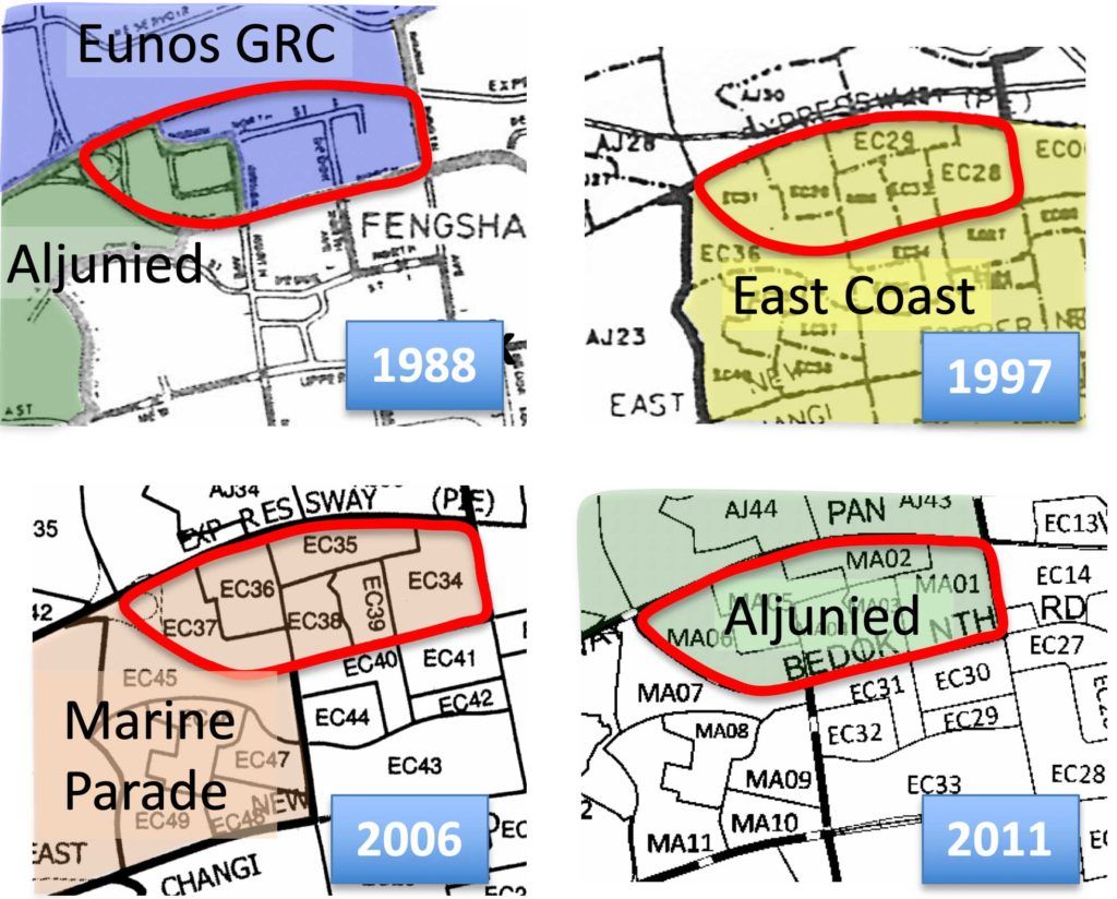 Bản đồ thể hiện sự thay đổi địa giới khu vực bầu cử ở Singapore qua các thời kỳ. Ảnh: New Naratif.
