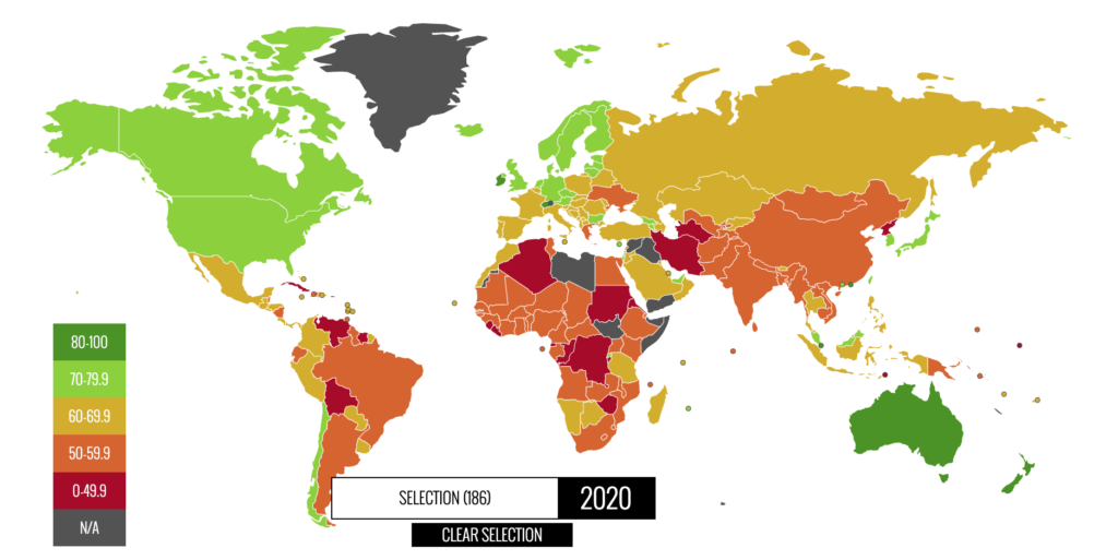 Bản đồ tự do kinh tế thế giới 2020 của The Heritage Foundation. Điểm càng cao thì càng tự do. Ảnh: Chụp màn hình heritage.org.
