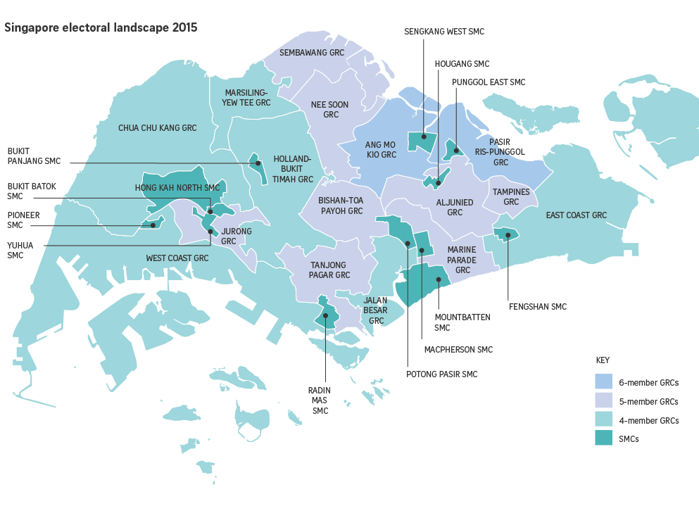 Bản đồ các đơn vị bầu cử của Singapore năm 2015. Ảnh: The Straits Times.