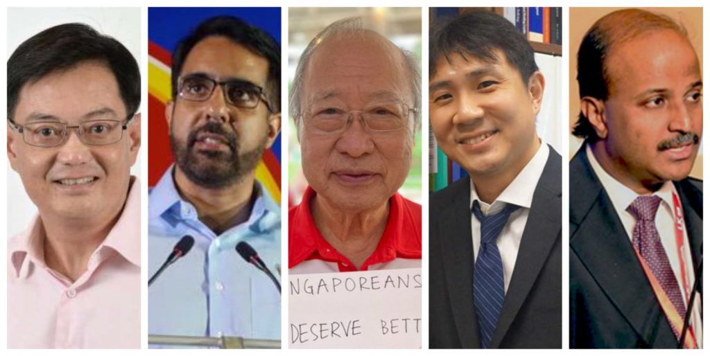 Năm ứng cử viên nổi bật của mùa bầu cử 2020: Heng Swee Keat (PAP), Pritam Singh (WP), Dr Tan Cheng Bock (PSP), Jamus Lim (WP) and Paul Tambyah (SDP).