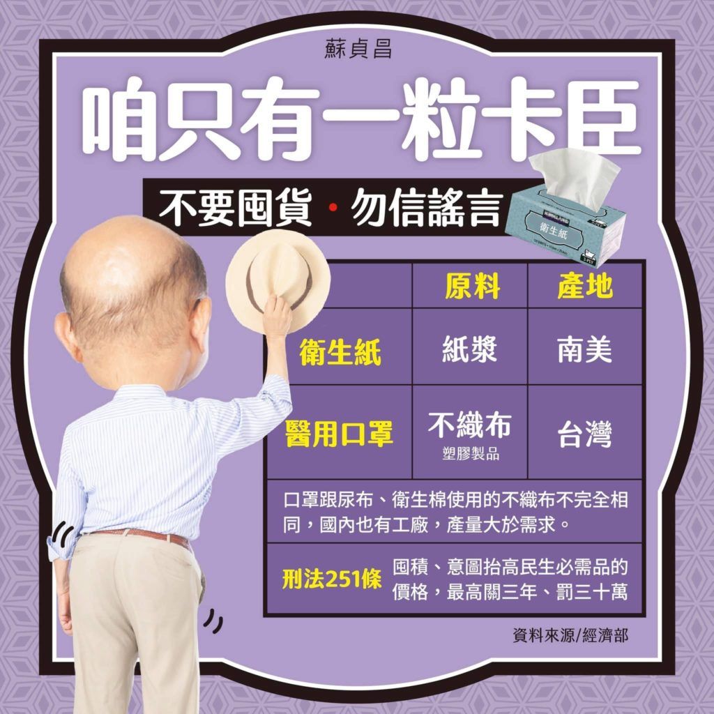Infographic với cái mông của Thủ tướng nhằm tuyên truyền dập tắt tin giả về giấy vệ sinh. Nguồn: Trang Facebook của Thủ tướng Đài Loan Tô Trinh Xương.