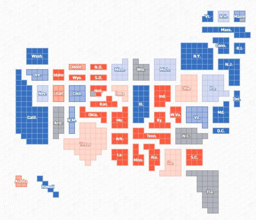 Bản đồ dự báo bầu cử tổng thống của Politico tính tới ngày 16/9/2020. Màu xanh là thiên Dân chủ, màu cam là thiên Cộng hòa, màu xám là ngang ngửa. Ảnh: Chụp màn hình.