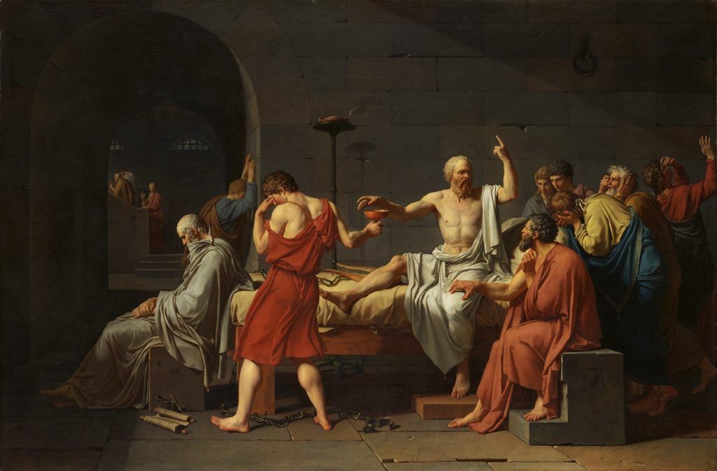 Bức họa: Cái chết của Socrates của họa sĩ người Pháp Jacques-Louis David vẽ năm 1787. Trong câu chuyện được kể bởi Plato, Socrates bị kết tội làm hư hỏng các thanh niên Athens và kết án tử hình bằng uống thuốc độc từ cây độc cần. Ảnh: Wikipedia.