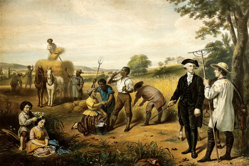 Tranh minh họa George Washington và các nô lệ của ông ở trang trại Mount Vernon. Tác giả: Junius Brutus Stearns, vẽ vào thế kỷ 19. Nguồn: UNIVERSAL HISTORY ARCHIVE/UIG VIA GETTY IMAGES.