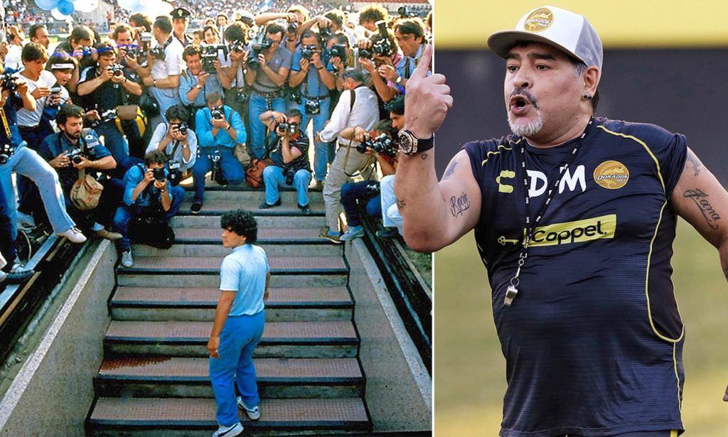 Diego Maradona ra mắt tại câu lạc bộ Napoli, Ý vào năm 1984 (trái), và 35 năm sau khi đang dẫn dắt một câu lạc bộ tại Mexico. Ảnh: Dailymail