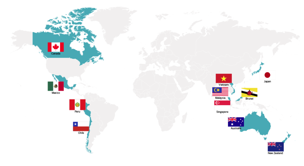 Các nước thành viên của Hiệp định Đối tác Toàn diện và Tiến bộ xuyên Thái Bình Dương (CPTPP), tức Hiệp định TPP cũ. Ảnh: panpacificagency.com.