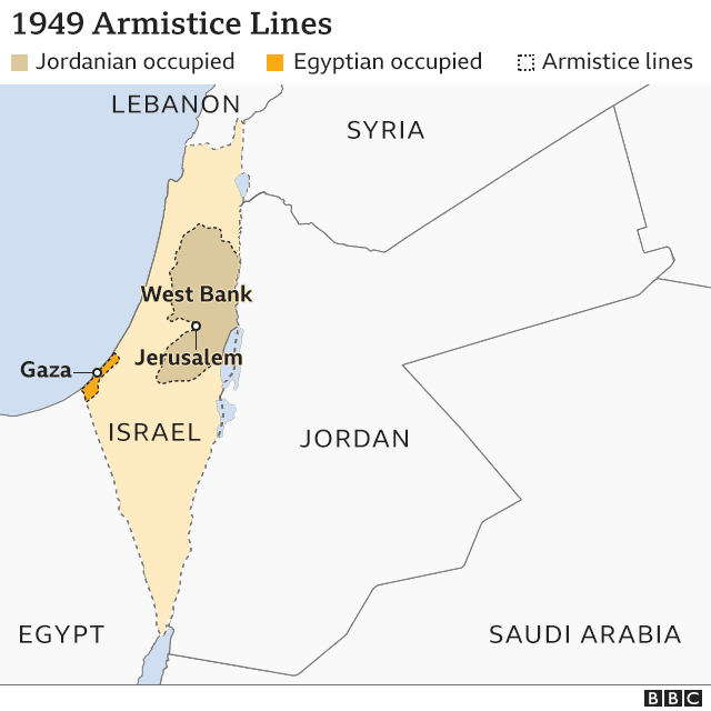 Tình hình lãnh thổ hai nhà nước sau cuộc chiến năm 1948 với sự góp mặt của Ai Cập và Jordan. Lưu ý, khái niệm dân tộc Palestine vẫn chưa hình thành ngay cả ở thời điểm này. Nguồn ảnh: BBC. 