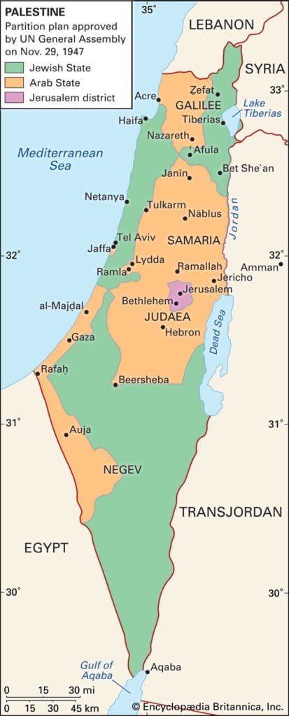Lãnh thổ màu xanh thuộc người Do Thái và lãnh thổ màu cam thuộc người Arab. Nguồn ảnh: Britannia.