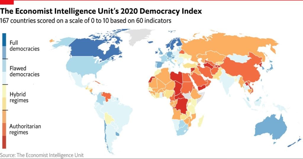 Bản đồ Chỉ số Dân chủ Toàn cầu năm 2020 của tạp chí The Economist.